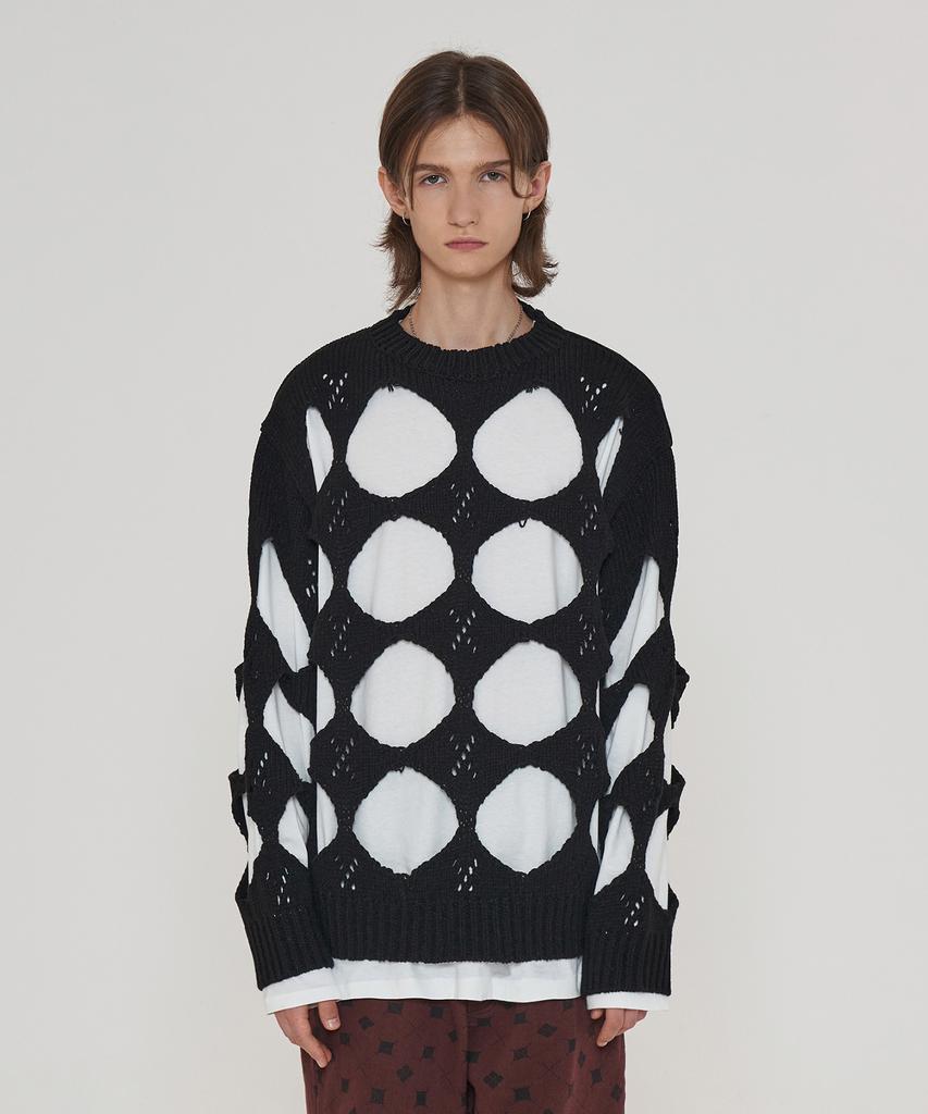 UNALLOYED Hole Argyle Round Knit / Black