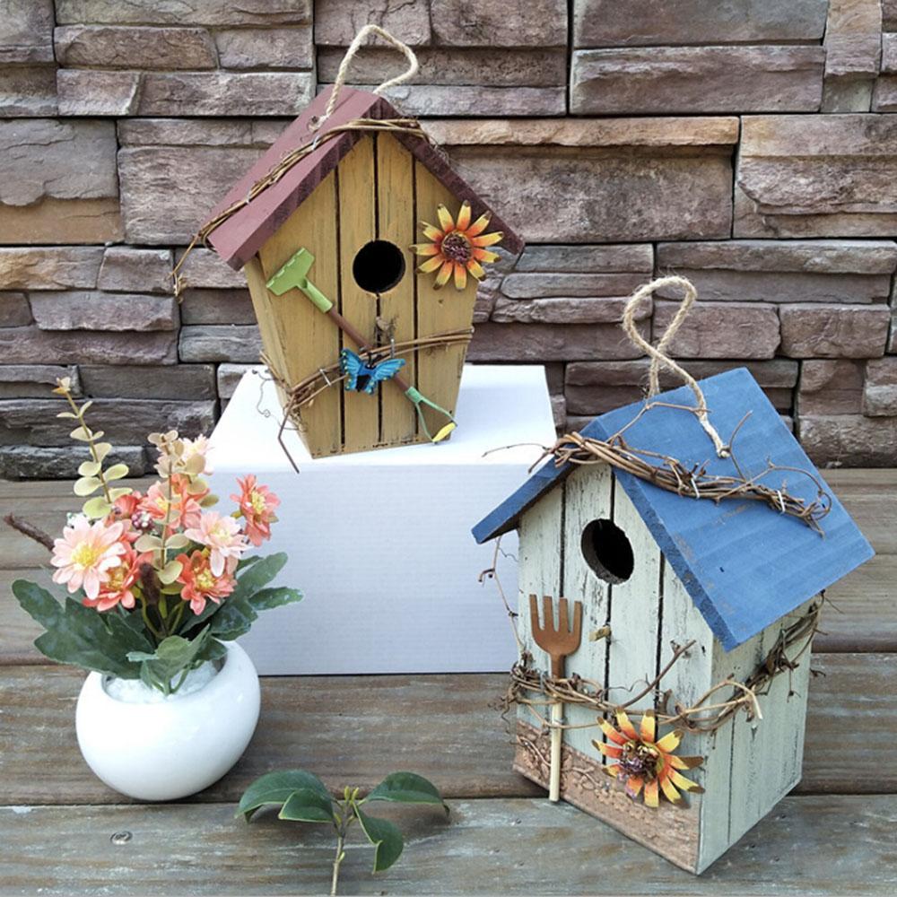 Hanging Bird House Decor Wooden Red Roof Hanging Birdhouse Decorative Outdoor Garden
