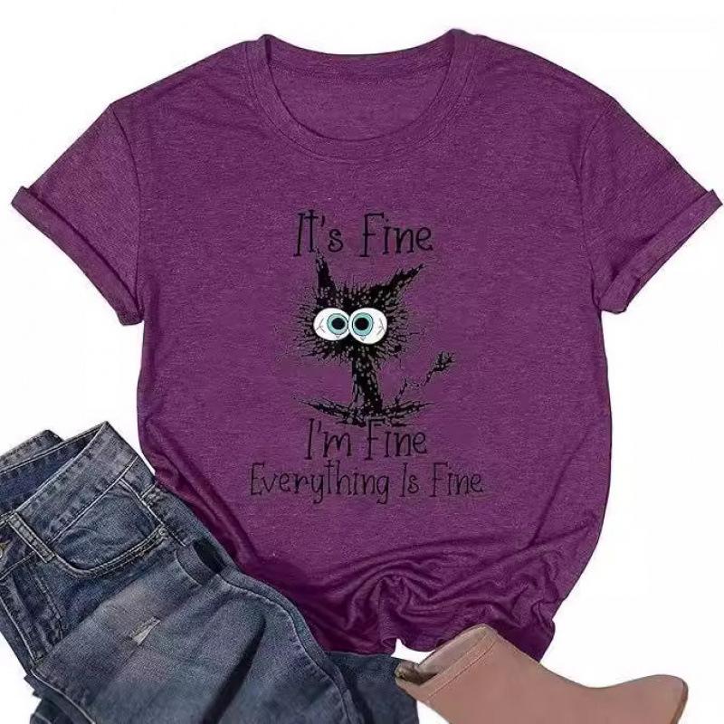 Women's Top Cat Print Short Sleeve T-Shirt