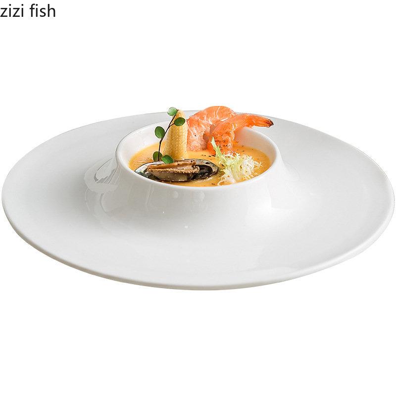 Keramik-Essteller, Restaurant, reinweiß, Dessertteller, dicker Suppenteller, Pastateller, Snackteller, rundes Haushaltsgeschirr