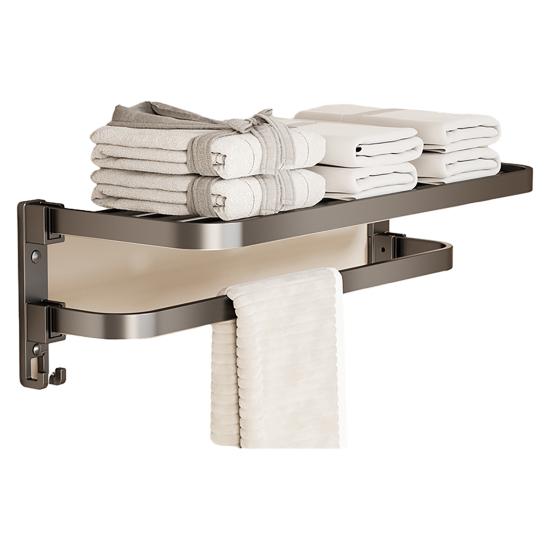 Towel Rack Foldable Wall Mounted Space Aluminum Towel Rail with Hooks Black Matte Finish Durable Rust-Resistant Bathroom Storage
