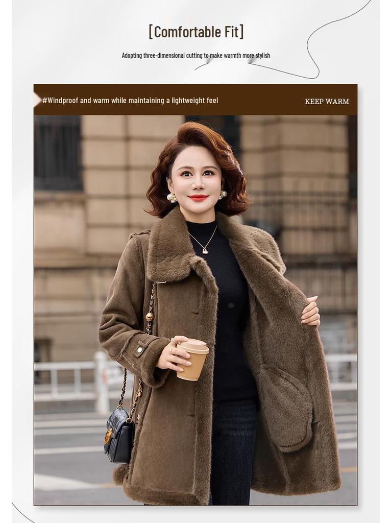 Women's Faux Leather and Fur Jacket with Fur Collar, Warm Thickened Coat for Middle-Aged & Elderly, 2025 New Style