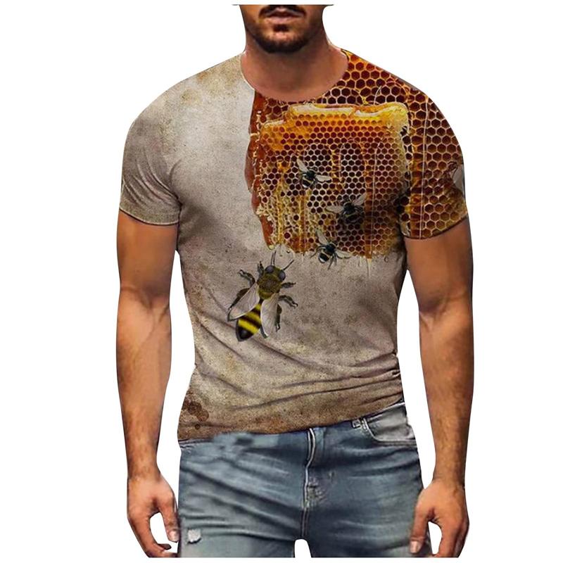 Summer Round Neck Honey Bee 3D Print Top Fashionable Casual Short Sleeved Men's T-shirts