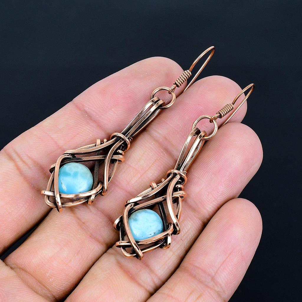 Larimar Earrings, 999 Copper Wire Wrapped Jewelry, Gemstone Earrings, Gift For Her Handmade Dainty Jewelry