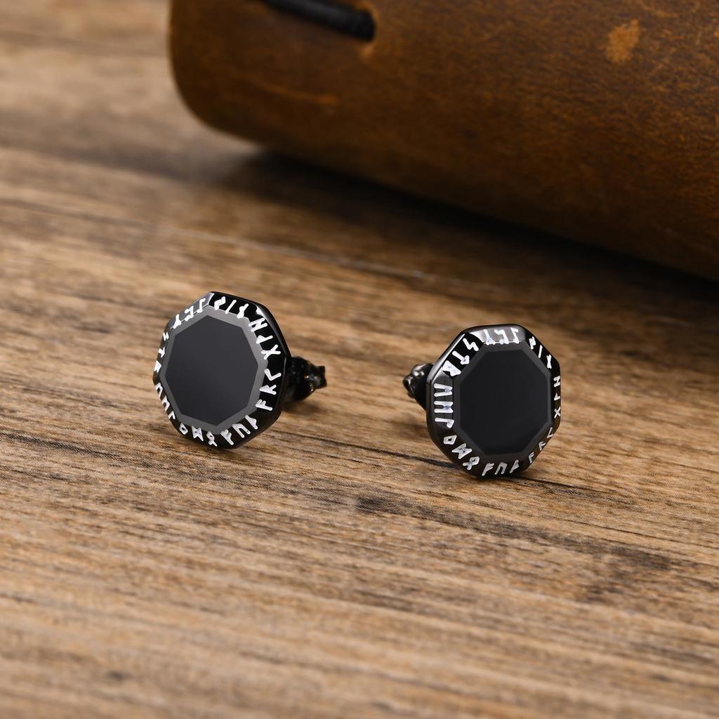 Gothic Norse Viking Earring Studs for Men Stainless Steel Octagon Viking Ear Talisman Vegvisir Mjolnir Amulet Gift for Male Boys