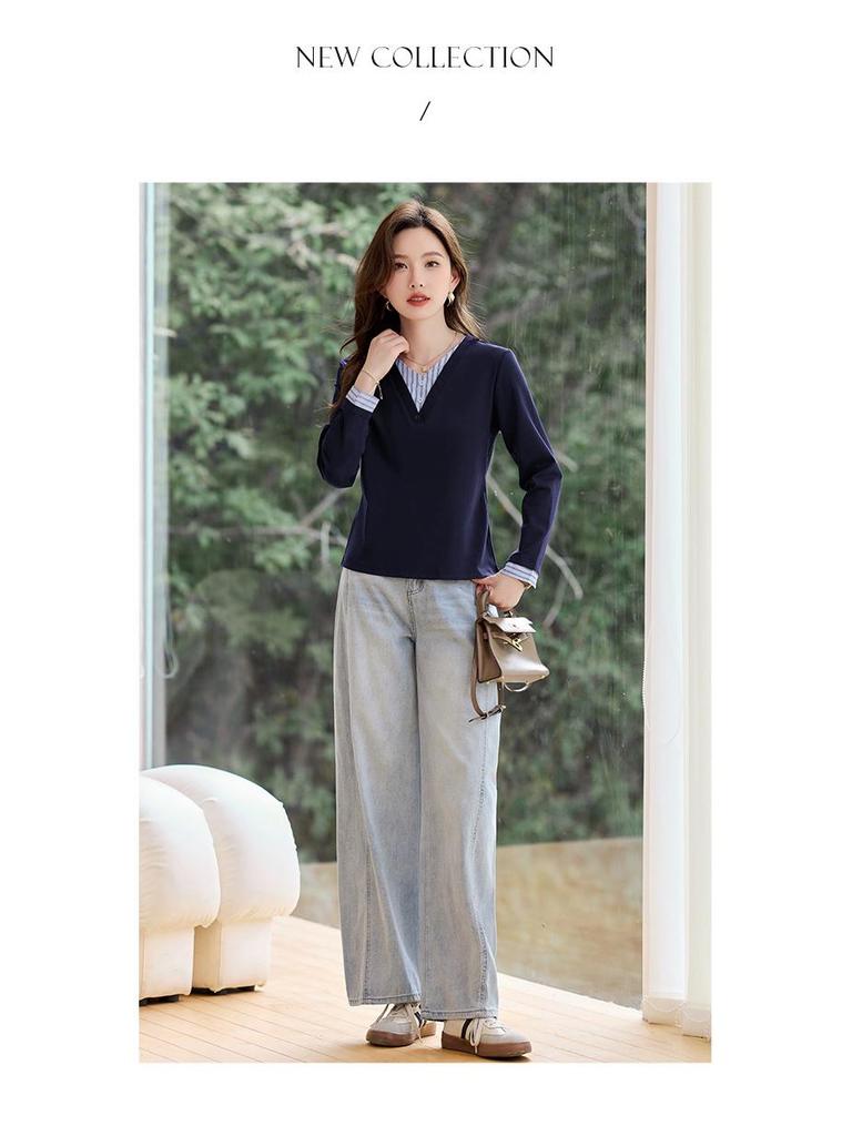 Women's V-Neck Layered Long-Sleeve T-Shirt: New 2026 Spring Style, Regular Fit, Fashionable Base Layer.