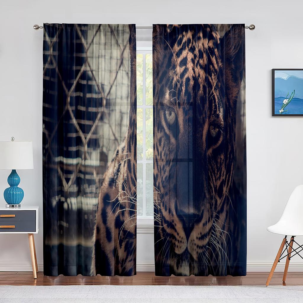 Leopard Safari Gepard Wildtier Thema Muster Tüll Vorhänge für Wohnzimmer Schlafzimmer Transparent Durchsichtig Voile Fenstervorhang