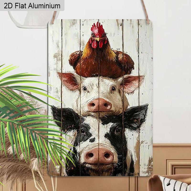 2D Flat 1pc Vintage Aluminum Sign Farm Animals Stacked Cow Pig Chicken Wall Decor Plaque for Home Kitchen Farmhouse Countryside Decor