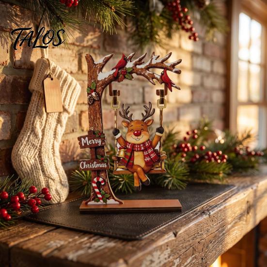 Xmas Gift for Family Christmas Wooden Ornaments, Santa Snowman Figurine with Moving Festive Fireplace Ornaments Swing, Rustic Holiday Tabletop