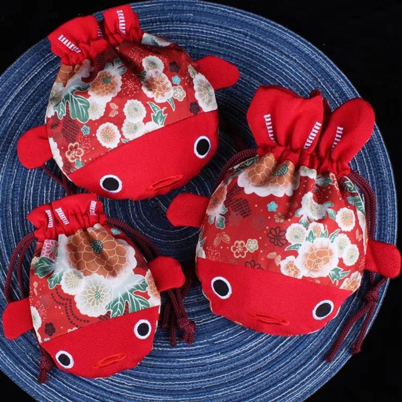 Cartoon Animal Canvas Flower Drawstring Bag Large Capacity Gold Fish Shape Handbag Coin Purse Wedding Candy Bag