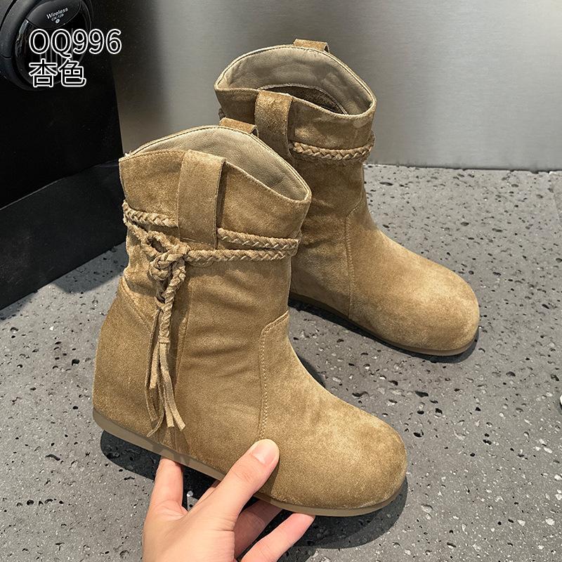 Short boots autumn new retro western boots flat-bottomed stacking boots casual fringed Martin boots