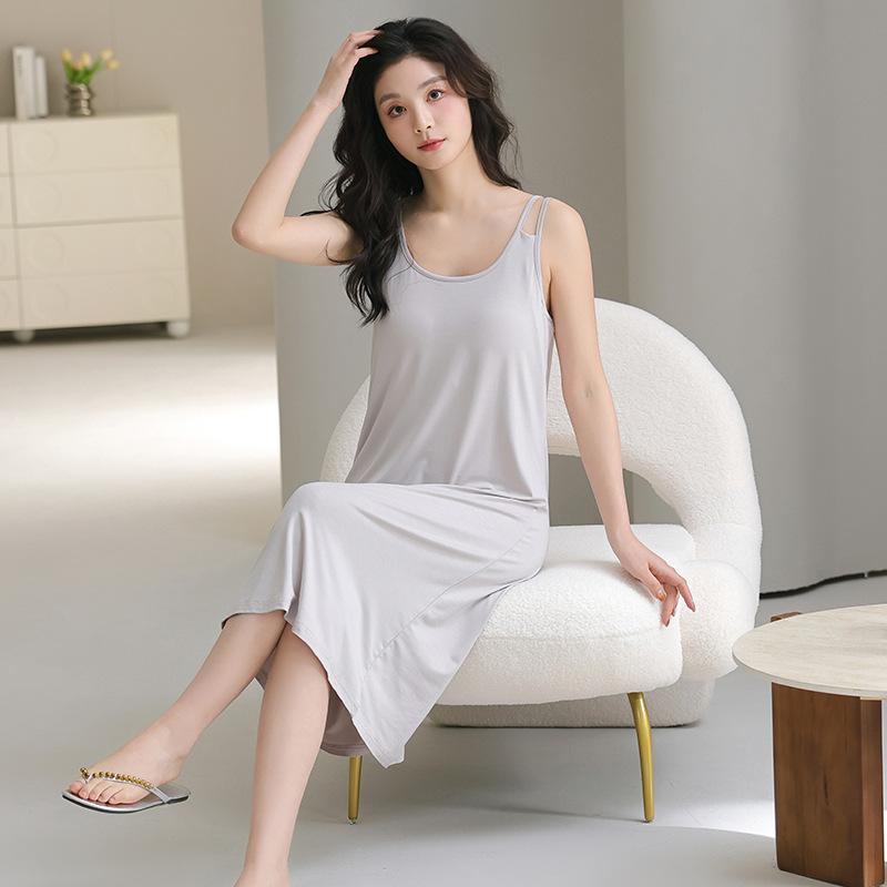 1011 New Nightdress Women's Summer with Chest Pad Modal Cool Vest Medium and Long Solid Color Large Size Loungewear