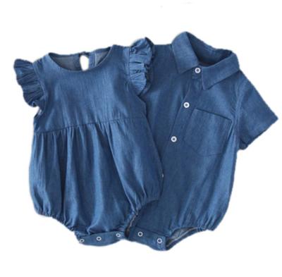 2 tipos Macacão Jeans de Manga Curta Camisa Babados Meninas Meninos Roupas de Bebê Infantil Combinando Presente de Bebê (Camisa, 90cm)