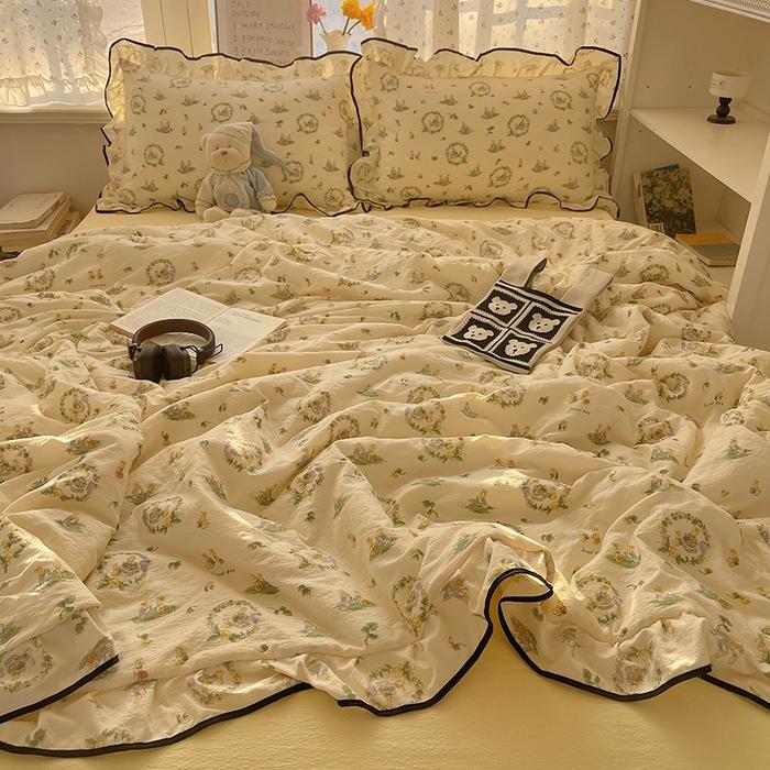 

New Cloud Kapok Knitted Cotton Sheet Summer Quilt Printing Xia Liang Quilt Air Conditioning Quilt Four-Piece Set 1.5m sheet 4pcs