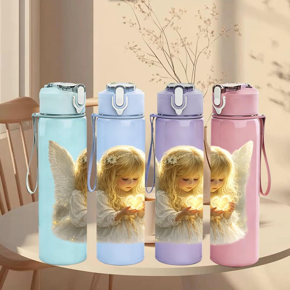 1PC Little Angel White Wing Art Print 750ml Color Plastic Sports Water Bottle Leakproof Flip Straw Lid Suitable for Sports Office Home Use