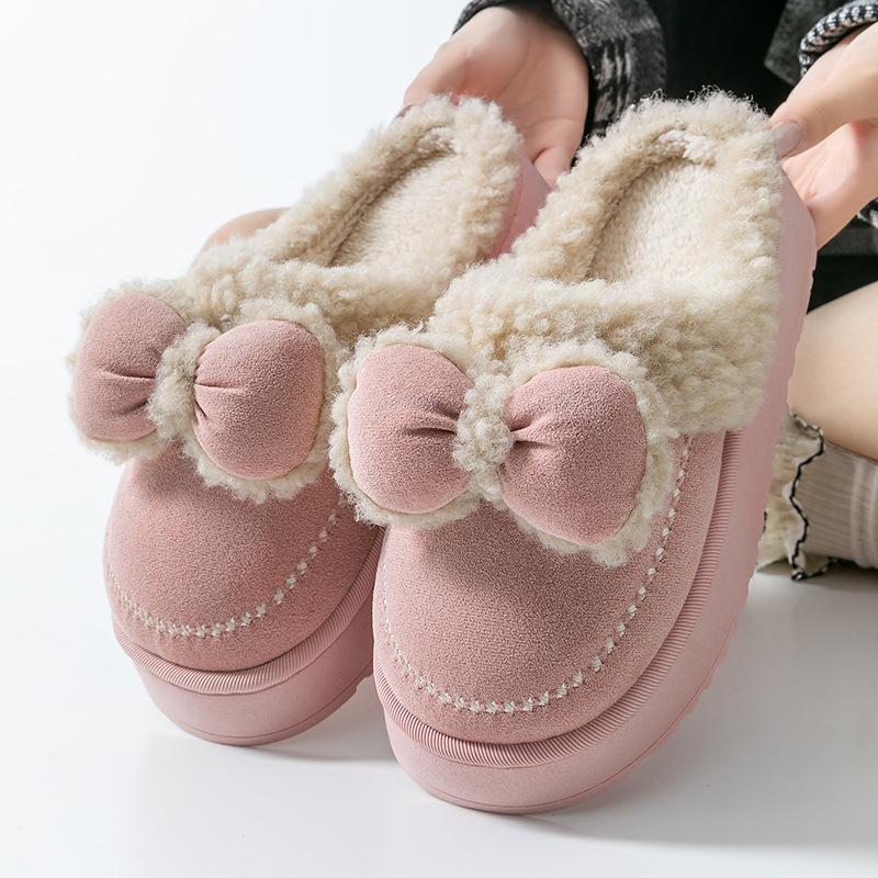 Bow Cotton Slippers Thickened Cotton Shoes Autumn and Winter Velvet Warm Comfortable Indoor Home and Outdoor Shoes