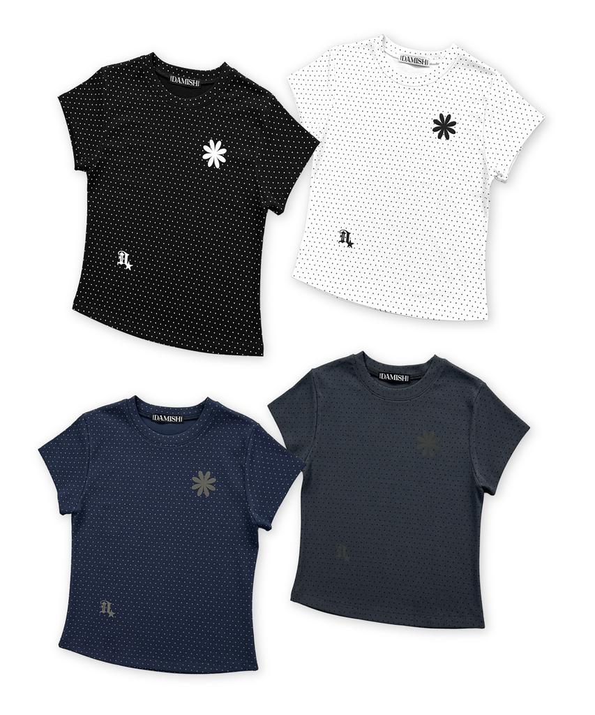 Damiswi Flower Symbol Polka Dot Short Sleeve T-Shirt_Navy