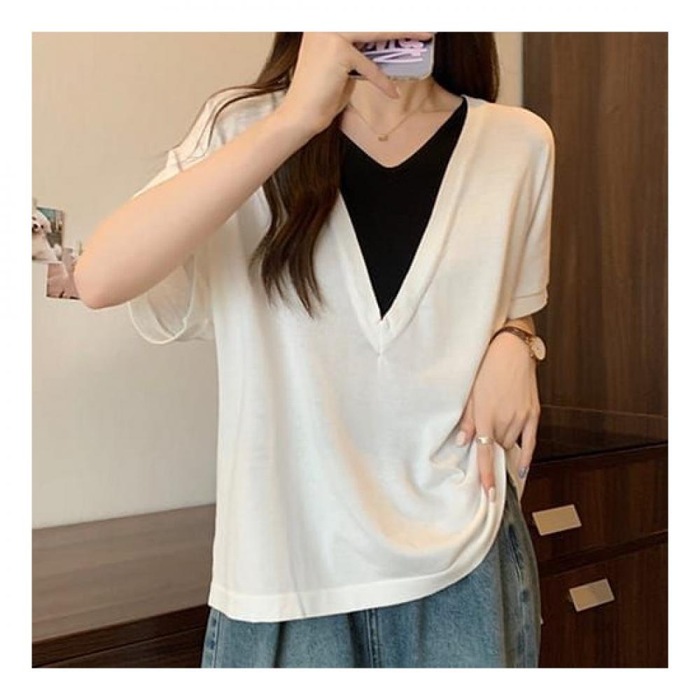 Navava Women S looSe FiT Two In One ShorT Sleeve KniT T ShirT Nk2156