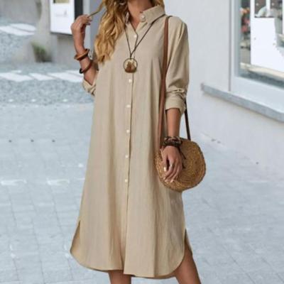 Women Long Shirt Dress Lapel Collar Long Sleeve Button Placket Solid Dress Elegant Ladies Casual Loose Cotton Linen Dress Summer Female Clothes