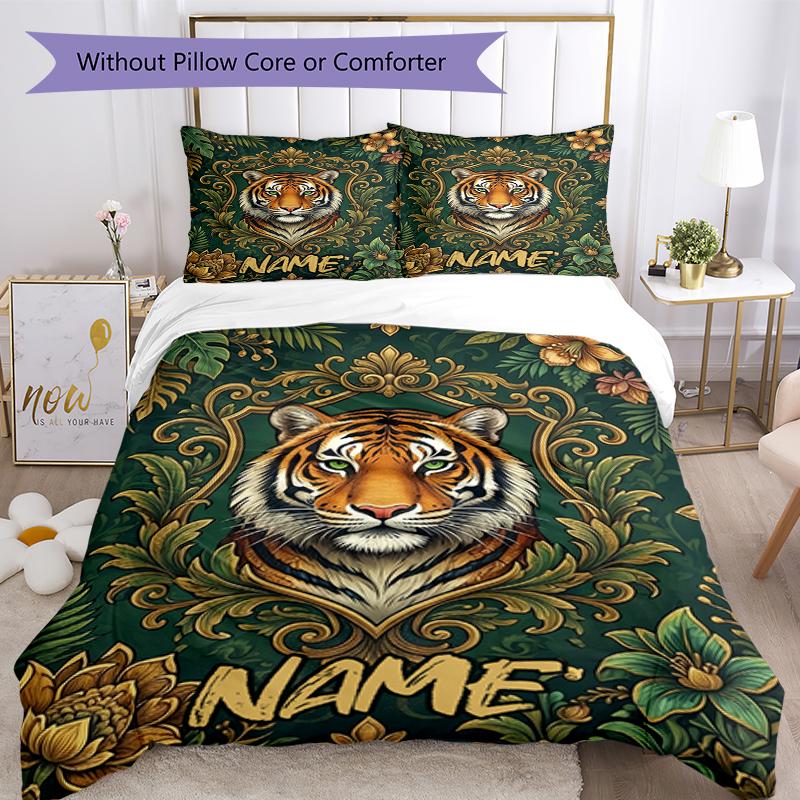 3pcs Custom Name Tiger Bedding Set Duvet Cover Closure Includes 1 Duvet Cover & 2 Pillowcases, Soft and Comfortable for All Seasons.