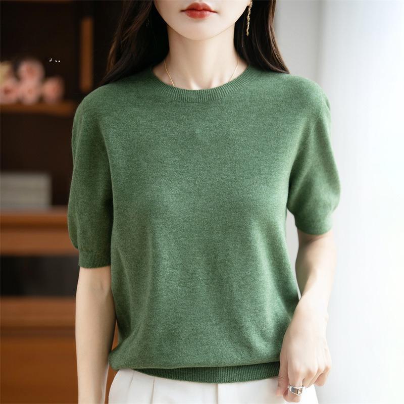 

Женский пуловер с коротким рукавом и круглым вырезом, тонкий вязаный свитер, футболка с рукавом до локтя, топ XL бирюзовый зеленый