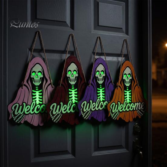 Front Porch Decor Halloween Skeleton Welcome Sign, Spooky Wooden Grim Reaper Shaped Door Rustic Hanging Sign Hanger, Horror Wall Plaque for