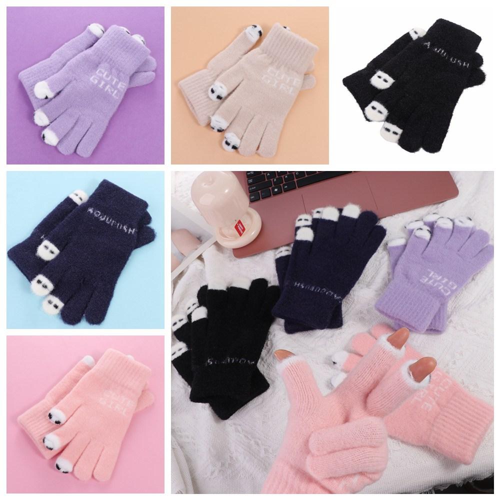 Soft Touch Screen Plush Knitted Gloves Warm Panda Fluffy Mittens Open Finger Letter Cute Velvet Gloves Student