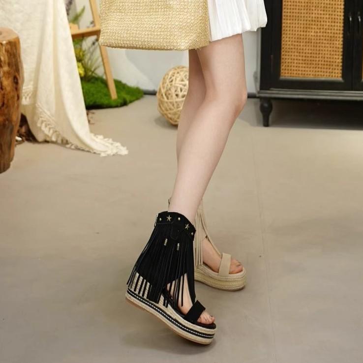 Retro Straw Brown Rivet Fringed Cool Boots Women's 2025 Summer New Slope Heel Open-toed Rear Zipper Roman Short Boots