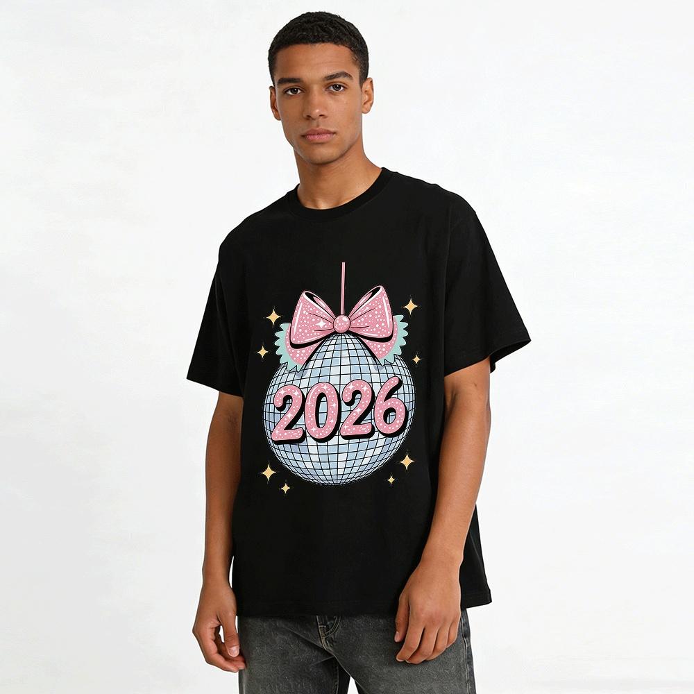 2026 New Year Party Disco Ball Bow Print Casual Top Pure cotton T-shirt