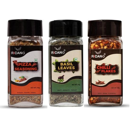 Ricano Pizza Mix 45g, Basil Leaves15g & Chilli Flakes 35g Combo (Pack of 3) | Italian Seasoning Trio | Authentic Taste | Essential Italian Herbs