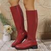 Fashion Round Toe Knight Boots 2025 Autumn Thick Heeled Long Knee High Boots for Women Soft Leather Side Zip Casual Botas Women's Shoes
