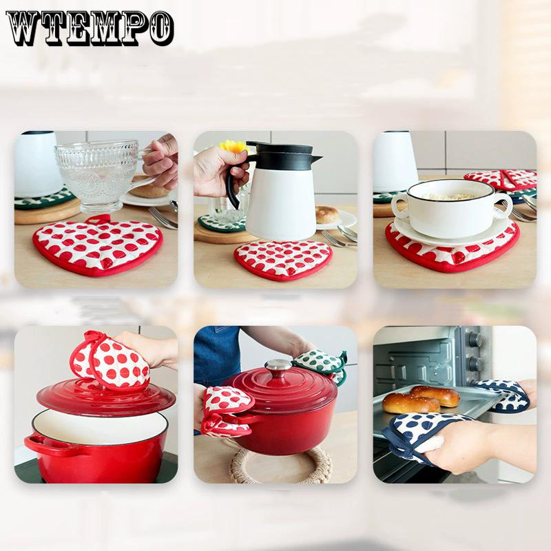 WTEMPO Heat-resistant Hand Cover for Baking Kitchen High-temperature Double-layer Thickened Cotton Heart-shaped Hand Clamp Heat Insulation Pad Coaster