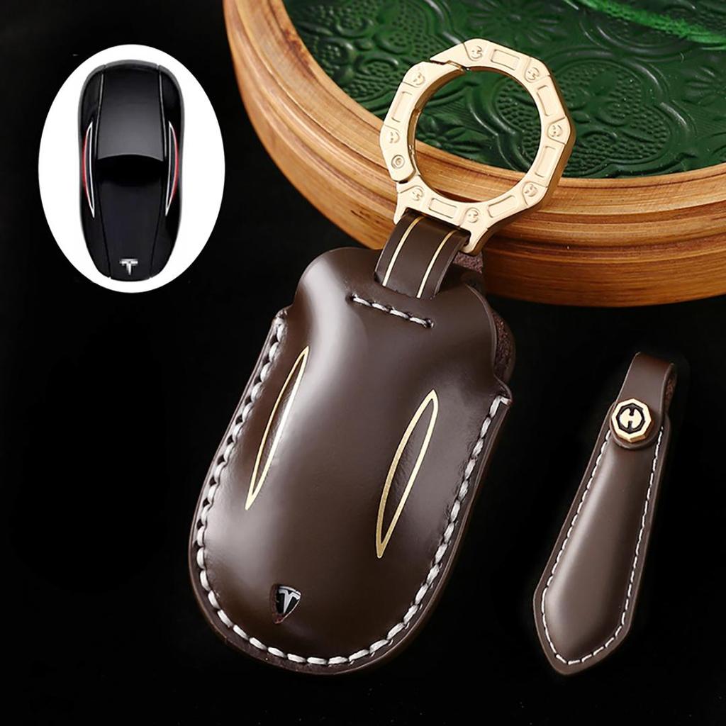 Suitable for Tesla Model Y/3/X Handmade Cowhide High-End Car Key Cover Keychain Car Key Case
