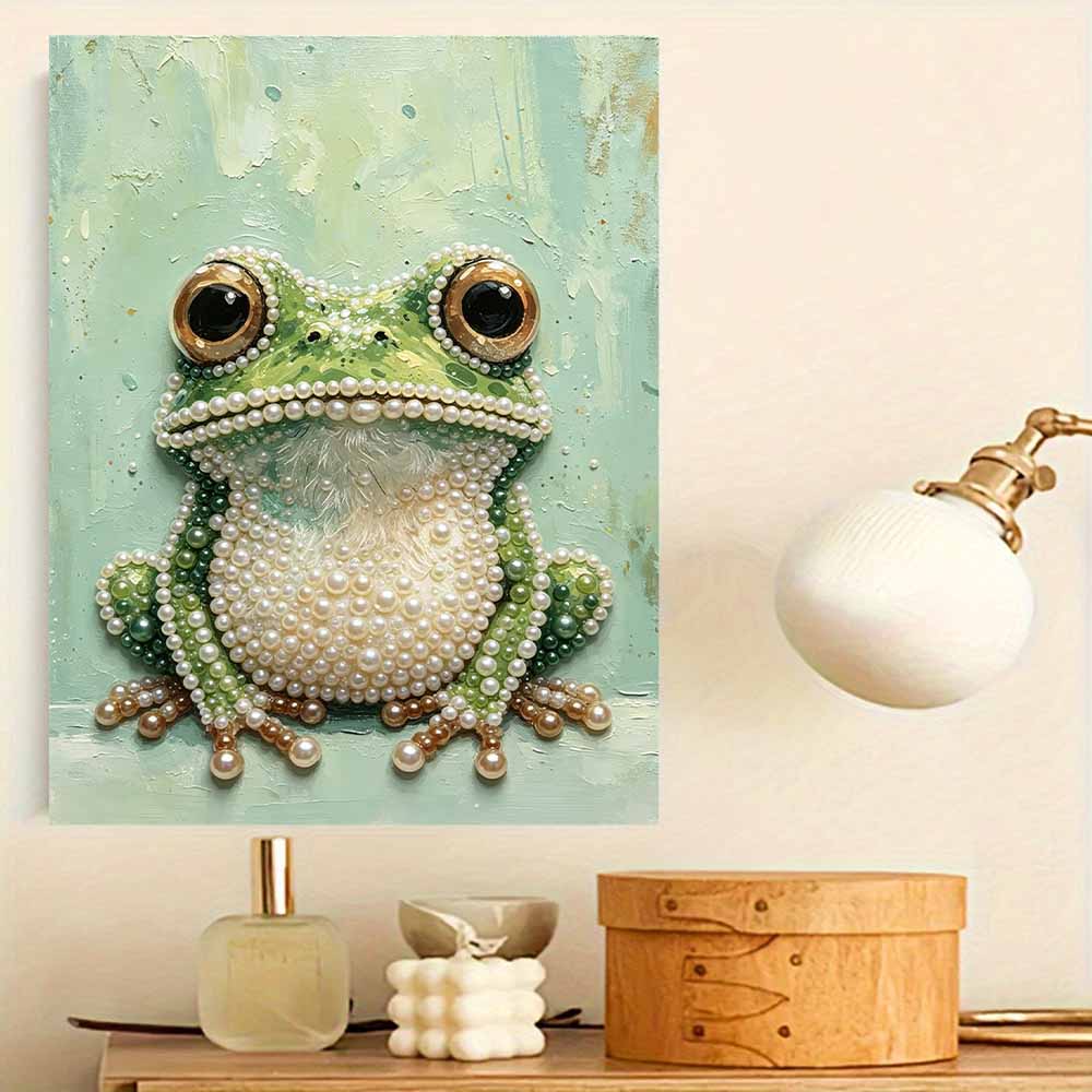 Elegant Framed Pearl Art DIY Set with Cute Green Frog Design 5D Sparkling Bead Canvas Painting Ready to Display Romantic Home Decor Gift