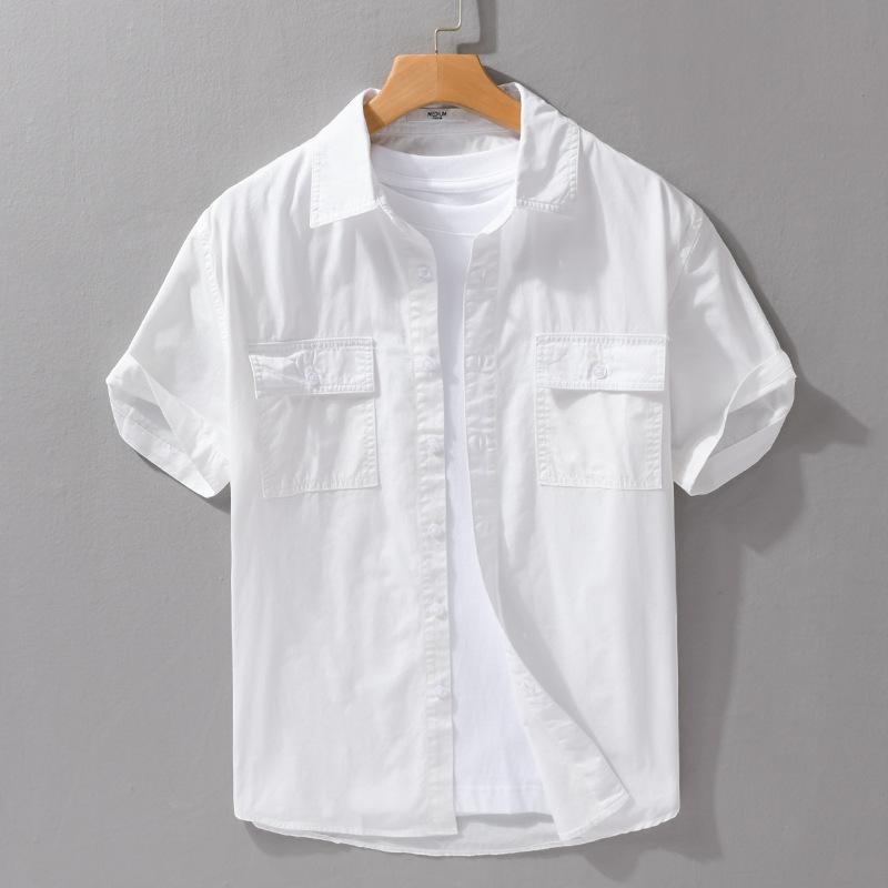 Sommarskjortor för män Japansk stil Cargo-skjorta med kort ärm Dubbla fickor Arbetstoppar för män Ren bomull Casual-skjortor