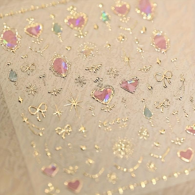 1pc Sweetheart Princess Baroque Nail Stickers Self-Adhesive Reusable Nail Art Decals with Heart, Star & Butterfly Rhinestone Nail Designs