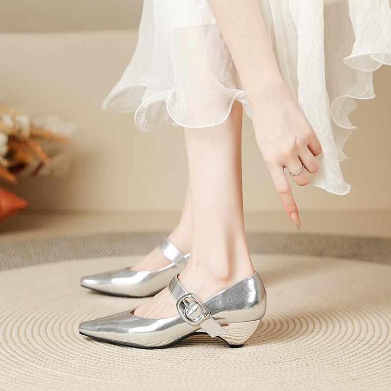 

Spring new pointed thick heel light mouth single shoes women s one-word buckle with wedge heel silver Mary Jane shoes women 34 серебряный
