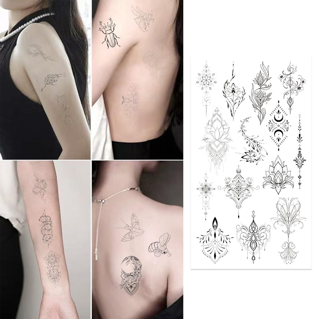 10 Sheets Black And White Tattoo Stickers Insects Flowers Butterflies Moon Patterns Durable Waterproof Temporary Tattoo Stickers