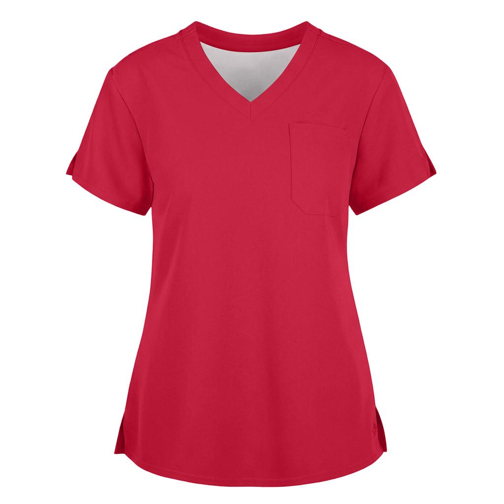 Women's Fashionable Loose-Fit Short-Sleeve V-Neck Workwear Blouse With Slit And Pockets