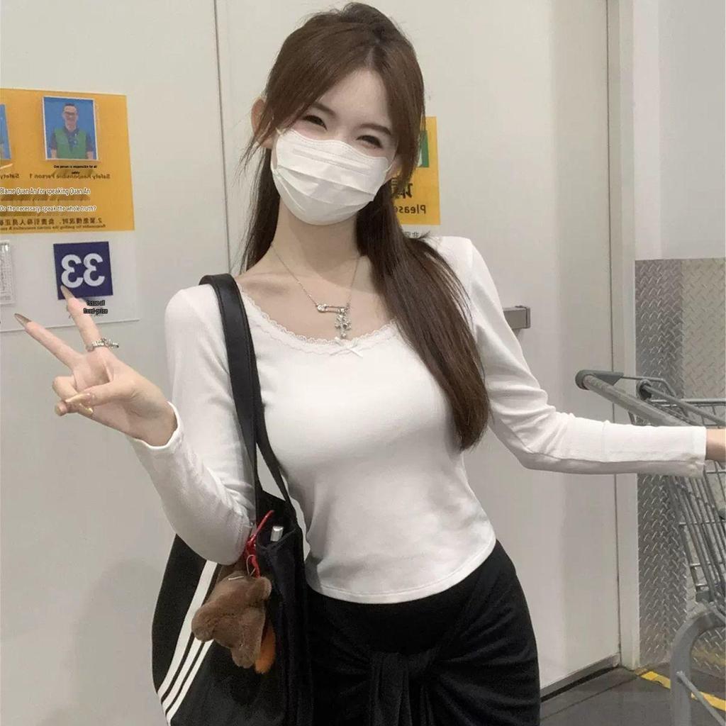 Petite Slim-Fit Women's Long-Sleeve White Lace T-shirt, Korean Style, Autumn/Winter, Gentle Inner Layer, Highlights Collarbone