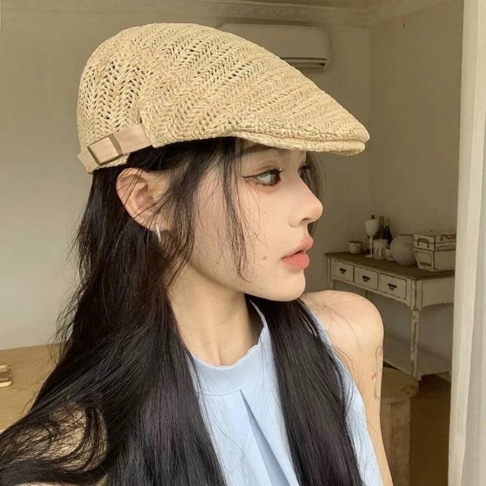 Hollow Straw Newsboy Cap Vacation Painter Beret Japanese Style Straw Beret  Travel