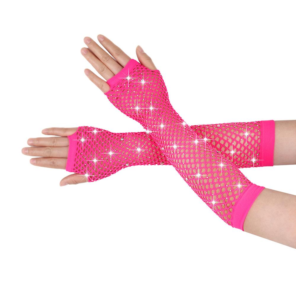 Guantes de diamante para fiesta, red de pesca, guantes de malla elástica, guantes largos sexys de diamante para discoteca retro