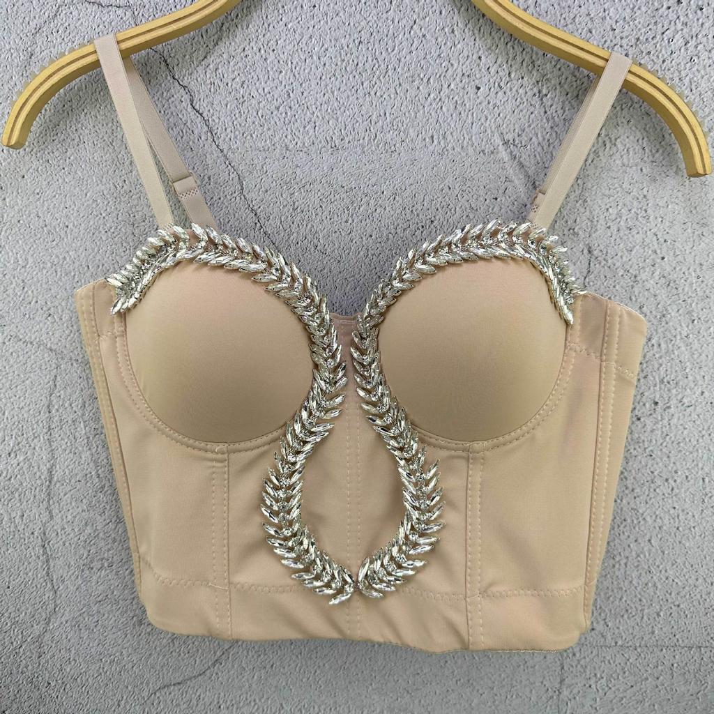 Leaf-shaped Rhinestone Chain Short-sleeved Tank Top with A Sophisticated and Elegant Vibe Perfect for Street Style Fashion. Camis & Tank Tops