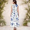 Women Plus Size Round Neck Sleeveless White Blue Floral Printed A Line Maxi Dress With Side Pockets
