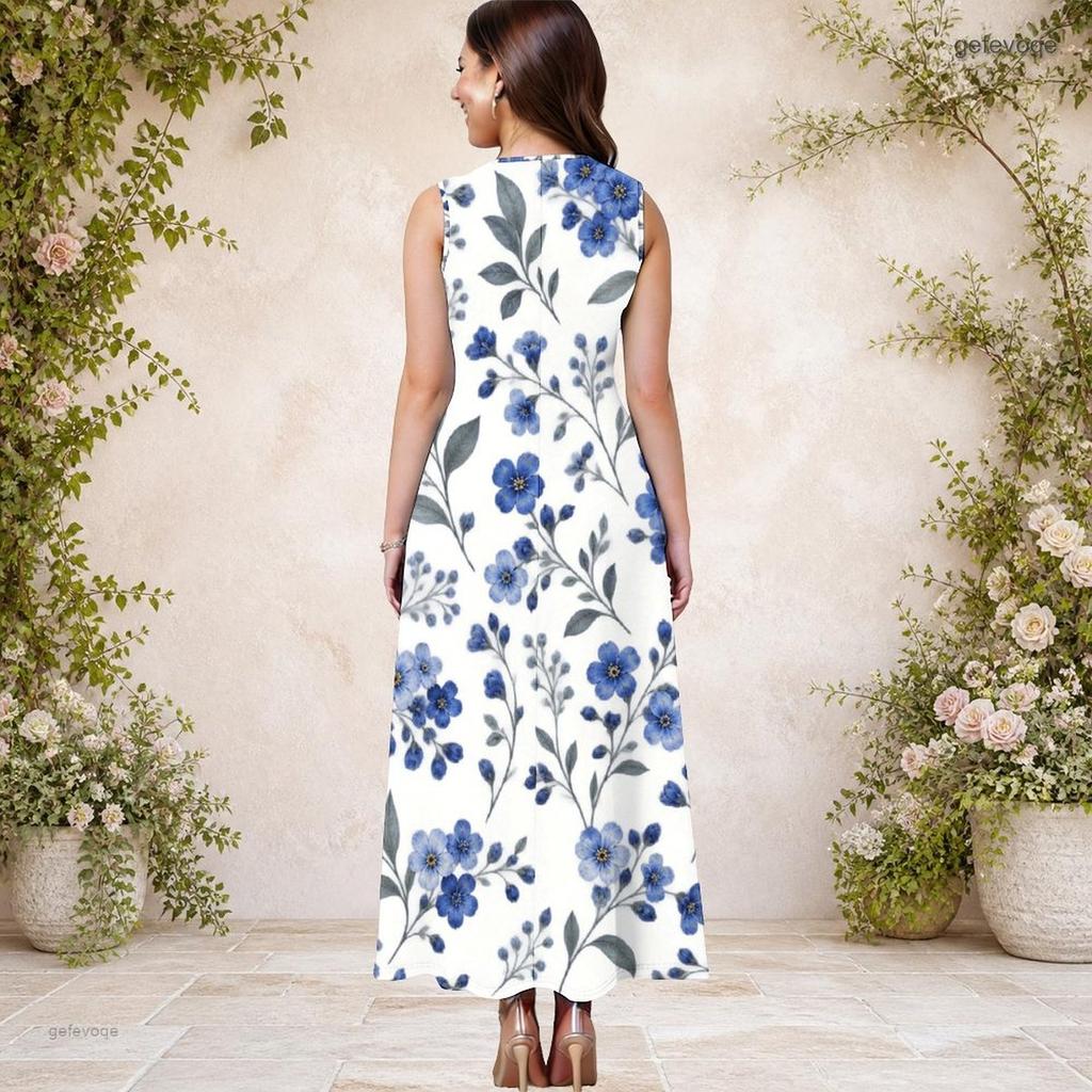 Women Plus Size Round Neck Sleeveless White Blue Floral Printed A Line Maxi Dress With Side Pockets