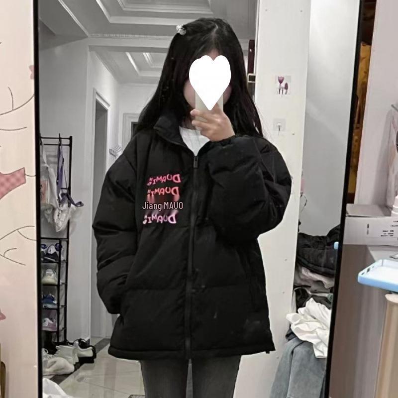 

Черная хлопковая куртка в корейском стиле: Воротник-стойка, Принт с буквами, Свободный крой, Утепленное зимнее пальто Small чёрный