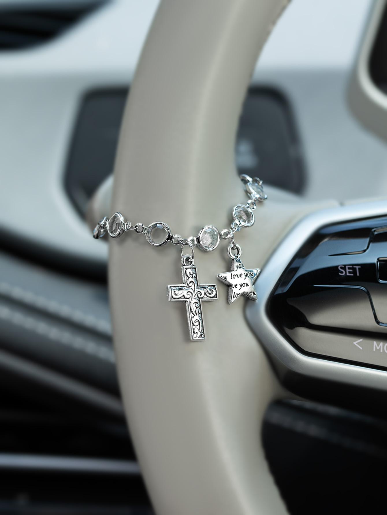 

Vintage Cross Star Car Hanging Ornament Transparent Beaded Rearview Mirror Pendant