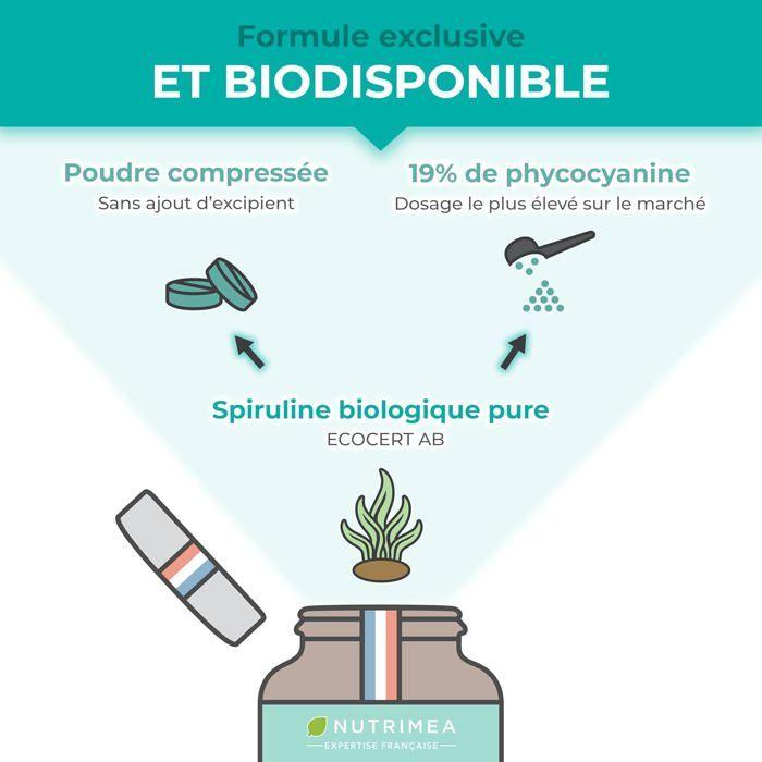 Spiruline bio pure certifiée ab sans excipient & ogm - 180 comprimés 500 mg - protéines, vitamines, oligo-éléments et caroténoïdes