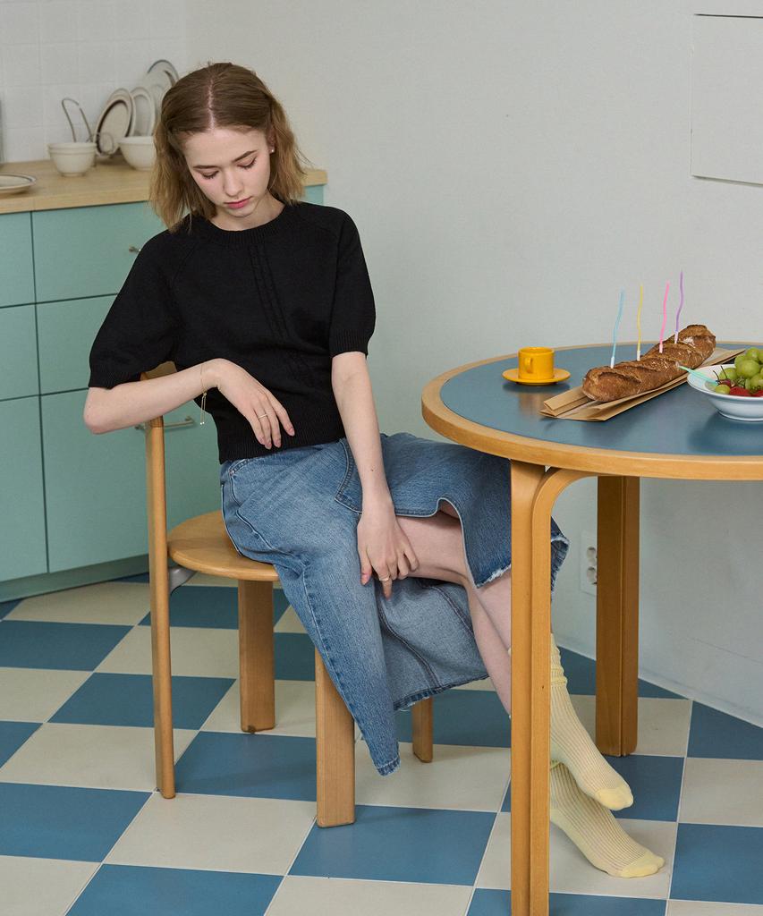Deuloupisumeon Cable Line Linen Short Sleeve Knit [Sky Blue]