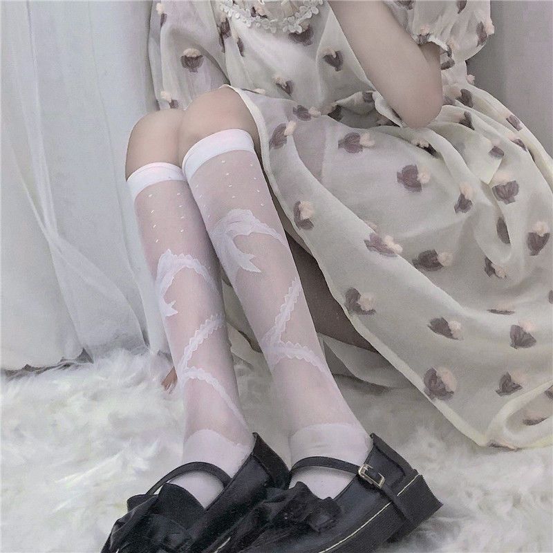 Sweet Bowknot Jacquard Lolita Knee High White Silk Socks for Women | JK Style Spring-Summer Thin Calf Stockings